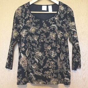 Emma James lined mesh tunic. Size Large. Black and gold Jacobean floral.